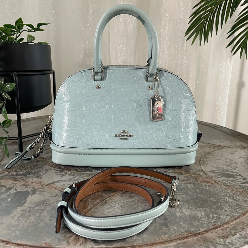 COACH MINI SIERRA SATCHEL IN SIGNATURE DEBOSSED PATENT LEATHER F55450 SV/AQUA
